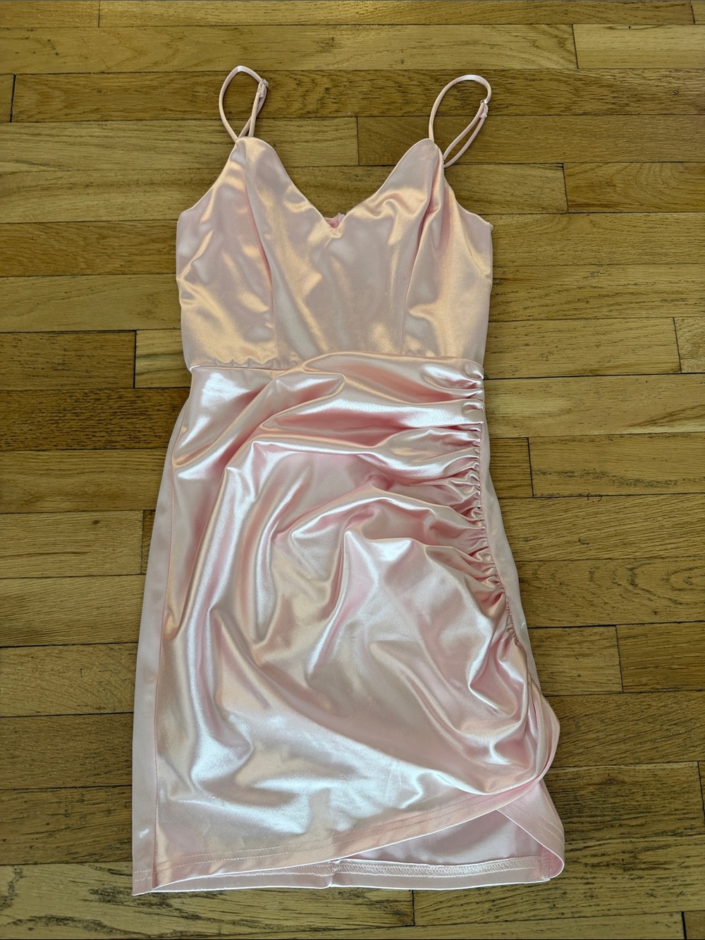Lucy in the Sky Shiny Light Pink Satin Ruched Slip Dress